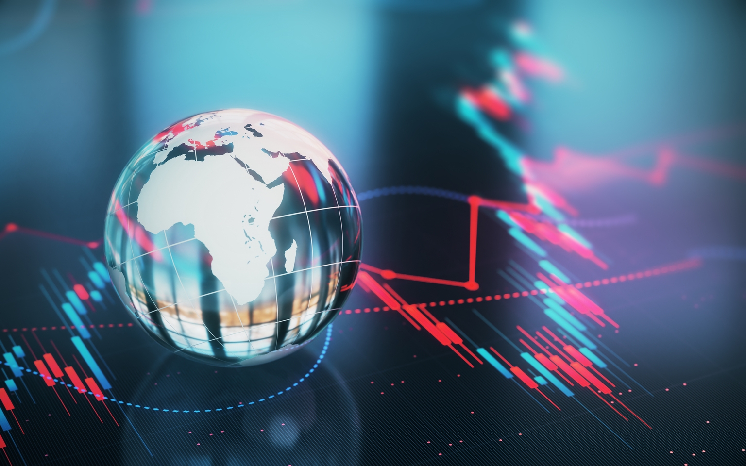 Glass Earth Globe on Financial Chart Background, Depth Of Field