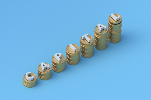 Capital word on a chart made from coins. Attracting investments. Accumulation of money. Bank budget. Liquid assets. Available cash. Investment concept. 3d render