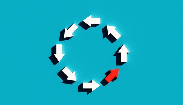 Circle of White Arrows with Single Red Arrow on Cyan Teal Background
