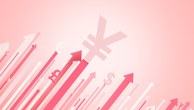 Global Currency Shift Led by Yuan Symbol - Rising Arrows of Economic Growth in Red and Pink Tones