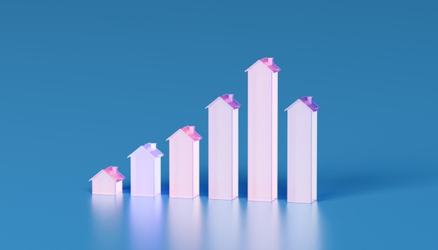 Translucent Pink Housing Growth Graph Reflecting Blue Background Symbolizing Real Estate Trends