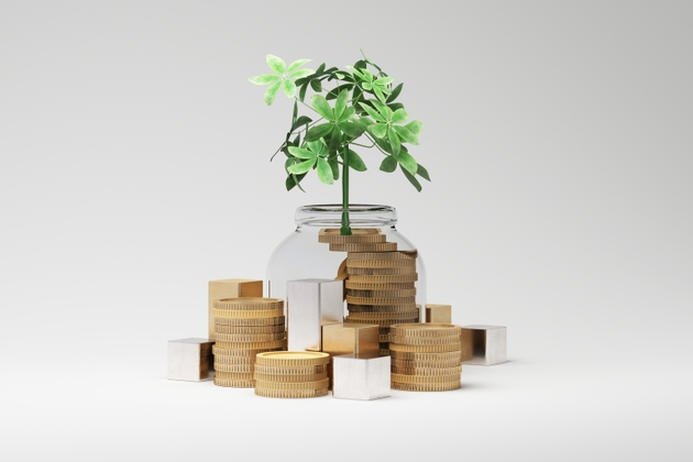 Stacked coins and a money tree in a jar on dark background, representing prosperity, finance, and long-term investment growth. 3d rendering