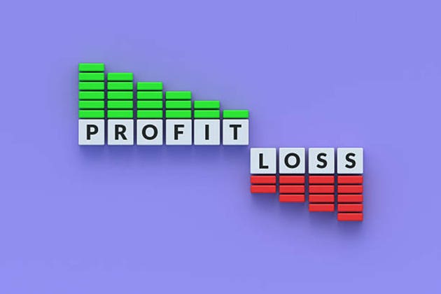 Profit, loss words on cubes near green and red graphic. Analysis of company performance. Statistics of trading on the commodity exchange. Bank report. Economics concept. 3d render