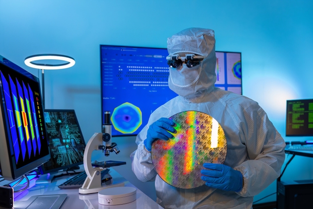 Semiconductor Production At Electronics Manufacturing Facility. Worker or engineer wears medical protective suit or white coverall suit with silicon wafer.