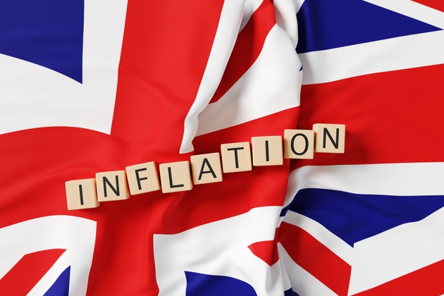 Wooden toy blocks showing the word INFLATION on a national flag of the United Kingdom. Illustration of the concept of continuous increase in prices of British products and services