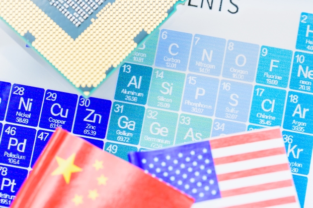 Rare-earth magnets, semiconductor material crisis, critical raw materials, U.S.–China trade war : Critical elements in the periodic table (e.g Gallium, Germanium), overlaid with US and Chinese flags.