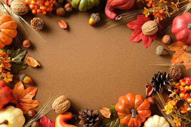 Festive autumn flat lay with pumpkins, leaves, nuts, and wheat on brown background. Greeting card design for Thanksgiving. Autumn, fall concept.