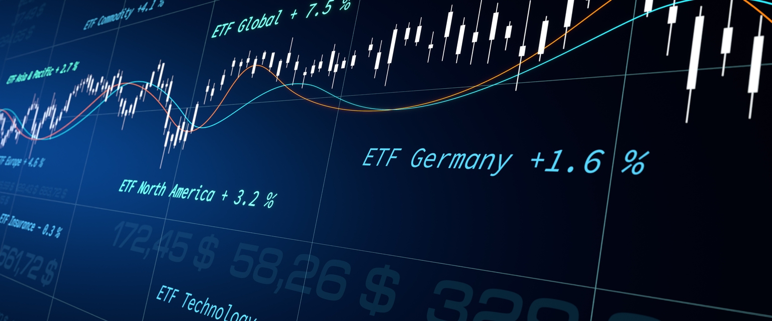 ETF (Exchange Traded Fund), chart, lines, prices. Close up LED screen.