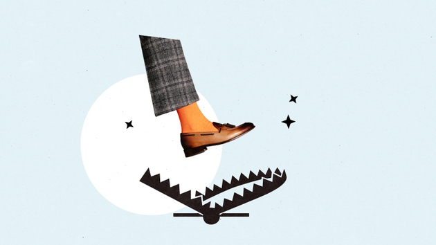 Minimalist pop art collage. Foot in stylish shoe stepping into black bear trap on pale background