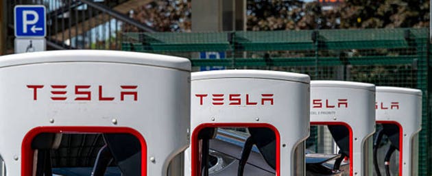 Tesla charging station. Tesla Superchargers located just outside the main entrance at Aupark Mall.