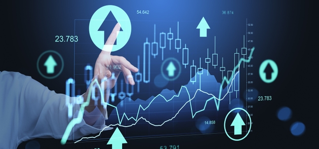 Business hand interacting with rising financial chart and glowing upward arrows on digital interface concept background.