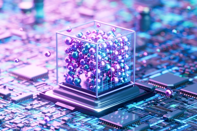 CPU di intelligenza artificiale sulla scheda madre con sfere di dati volanti, concetto di tecnologia AI