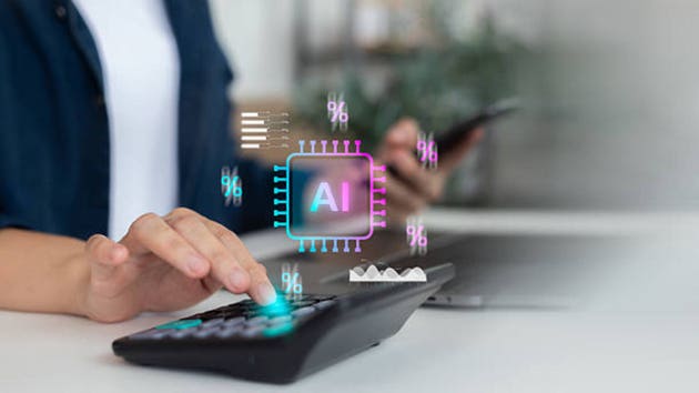 Artificial intelligence finance technology for business data analytics and investment calculation, digital AI chip with percentage symbol and graph for smart financial decisions.