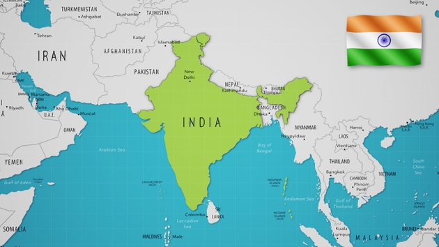 India on the World Map with the country"s national flag flying.