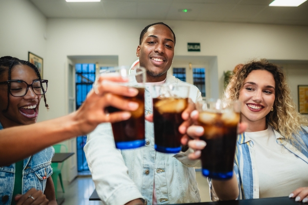 Diverse friends toasting with soft drinks at bar