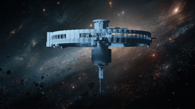 A 3D visualization of a circular space habitat floating among asteroids and starlight.