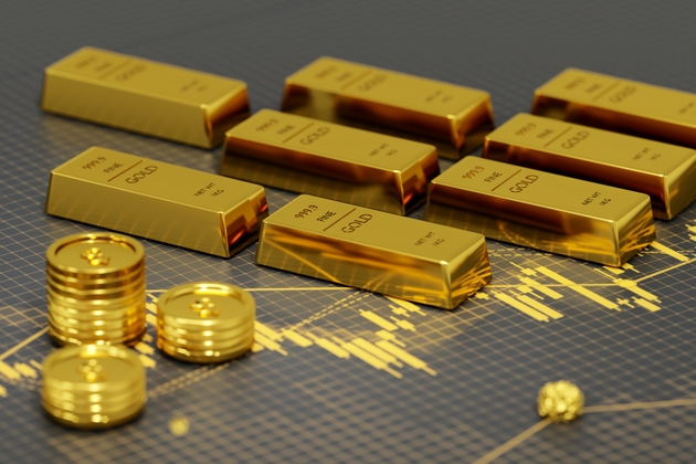 Financial, Gold stock market investment, Golden bar and gold coins on stock chart. 3d render.