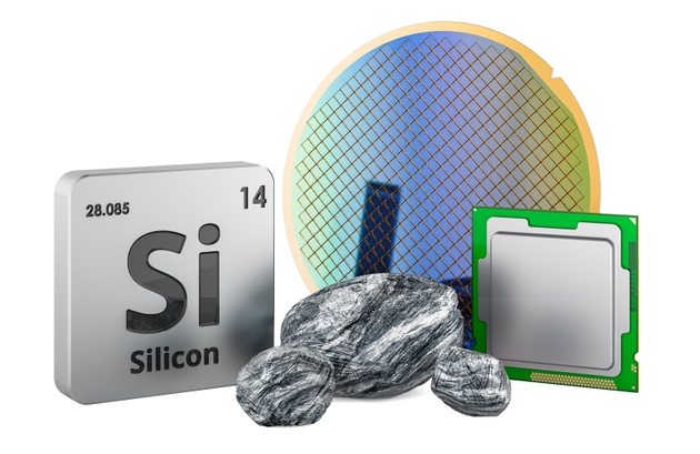 Periodic table silicon element symbol, raw silicon stones, blue silicon wafer and computer processor. 3D rendering