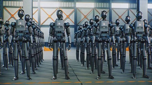 Group of Identical Humanoid Robots Stands in Perfect Formation Inside Industrial Warehouse