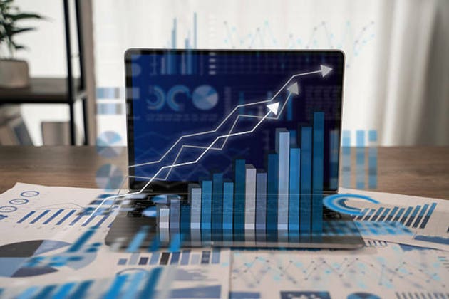 Business performance dashboard on a laptop shows digital chart and graph with rising bars and arrow, highlighting finance strategy, investment growth, metrics and insights for decisions.