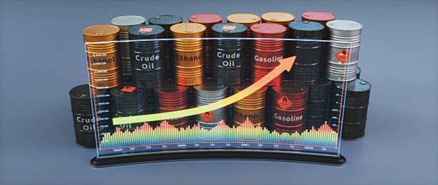 Abstract representation of fossil fuel price chart with barrels behind a transparent trading screen