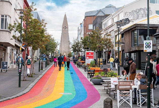 Rainbow Street leading up to HallgrÃ­mskirkja Church in Reykjavik Iceland