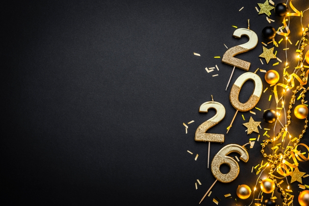 Golden candles making 2026 number, New year greeting card on festive black background, copy space. Party or confetti, streamers, star shapes, party hats and warm lights