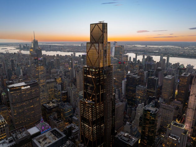 Aerial view of JPMorgan Chase HQ at sunrise