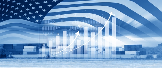 Economic growth USA, USA flag, up arrow, stock market indicators Economy graph rising, GDP growth, Business and Finance Concept Of U.S. Investments