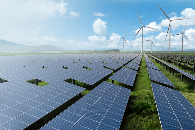 Energy transition concept ESG solar and wind farm for decarbonization and net zero