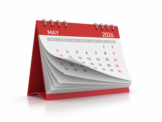 Red 2026 May Monthly Desktop Calendar Isolated on White Background