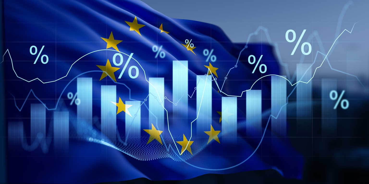 European Union economic growth hologram concept with flag background and percentage symbols in futuristic financial data visualization style. 3D Rendering