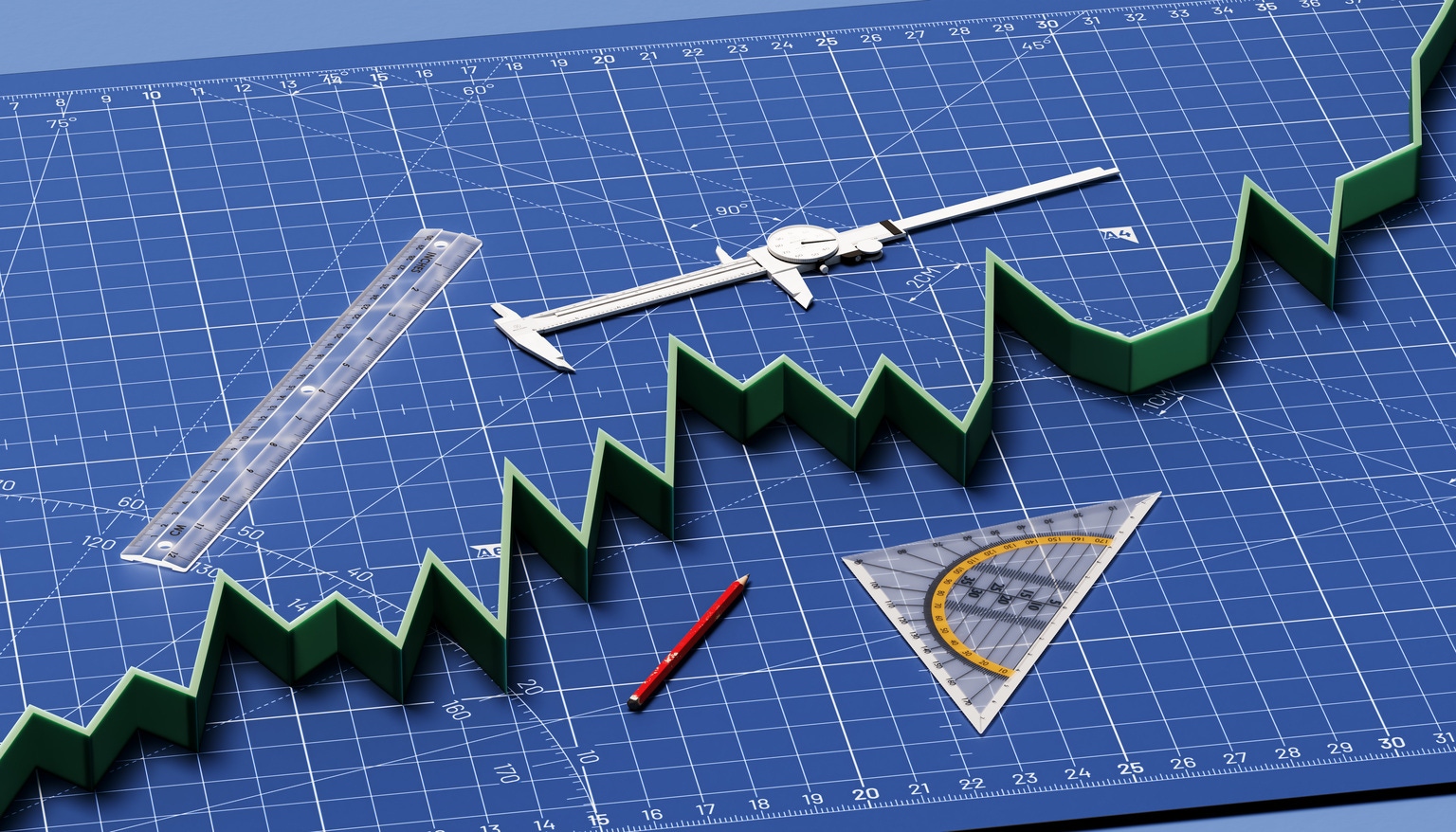 3D Growth Graph on Blueprint with Measurement Tools Illustrating Planning and Progress
