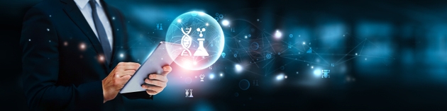 Biotechnology concept. Businessman manage and analysis of growth graph data on genetic engineering research, biomedical innovation, pharmaceutical development, agricultural biotechnology solutions.
