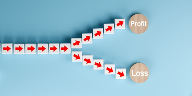 Business Profit and Loss Concept with Red Arrows on Blue Background