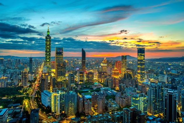 Aerial shots of Downtown at twilight, Taiwan.