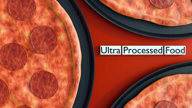 Pepperoni pizza with rectangular boxes labeled "ultra processed food."