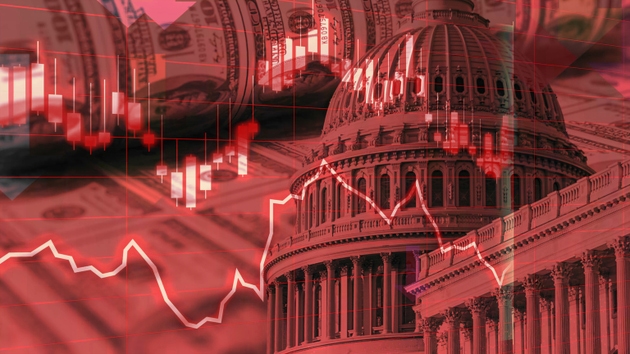 USD dollar banknote is torn with recession wording on red background for United of America risk of great economic depression crisis concept