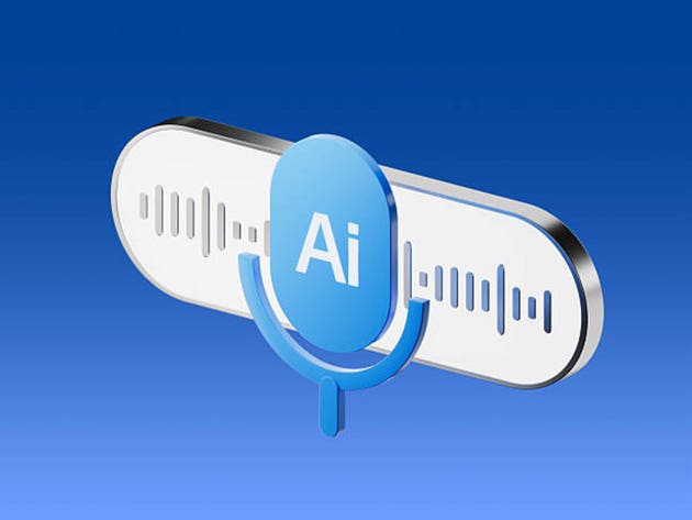 3D icon of an AI voice processing system with a microphone symbol and sound waves, representing speech recognition, audio transcription, voice analysis and sound generation.