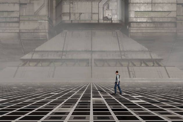 Casual man walking in futuristic city
