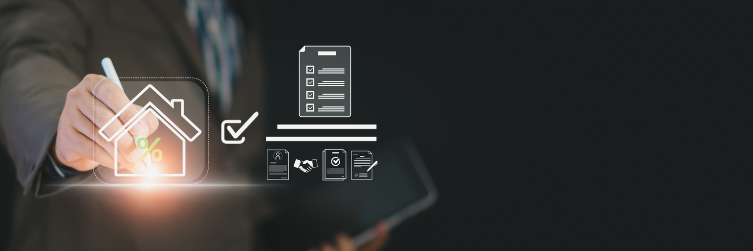 Businessman drawing digital house icon with checkmarks documents represents property approval, mortgage review, real estate verification, professional housing assessment in modern financial process.