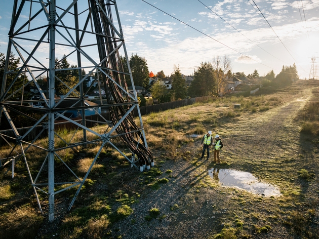 Aerial View of Utility Power Line Workers Examining Electrical Pylons