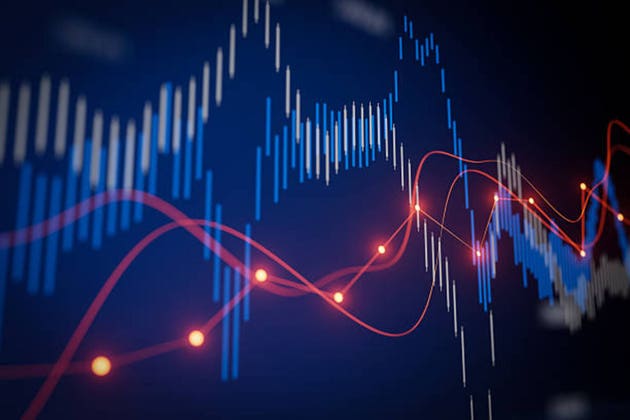 Stock market data visualization shows fluctuating trends with blue and red lines in a digital format