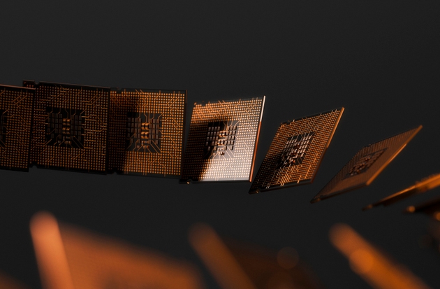 Strands of gold circuit boards align in a sleek, futuristic display of microchip technology
