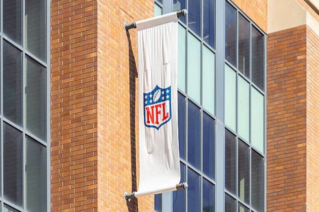 The National Football League banner on Lucas Oil Stadium in Indianapolis, IN.