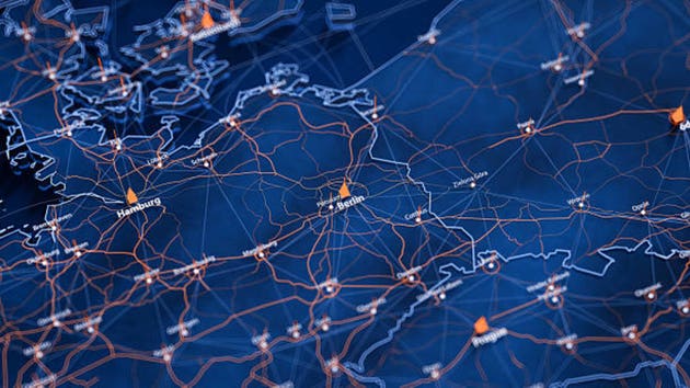 Berlin map big data visualization. Futuristic map infographic of city in Germany. Visual map data complexity in modern blue and orange colors