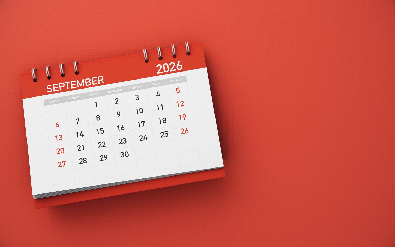 Red 2026 September Monthly Desktop Calendar on Red Background