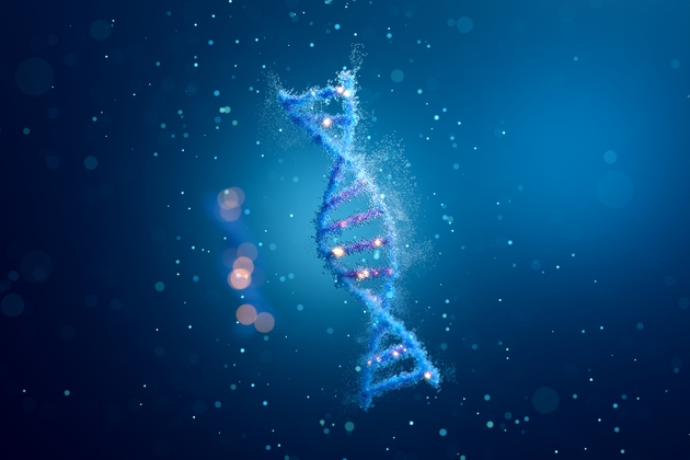 Abstract blue DNA double helix structure with glowing particles scattering for medical science background