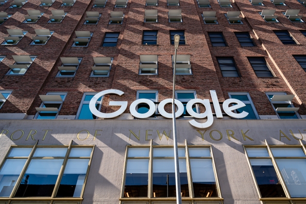 Exterior view, looking up, of the Google building at 111 8th Avenue in the Chelsea neighborhood of Manhattan, New York City, USA.
