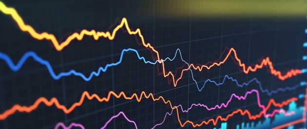 Abstract line graph, close-up, with multicolored lines going down